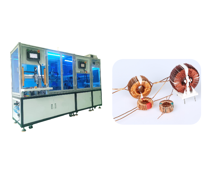 Full-automatic line for trimming, stripping, soldering and mounting of magnetic rings.